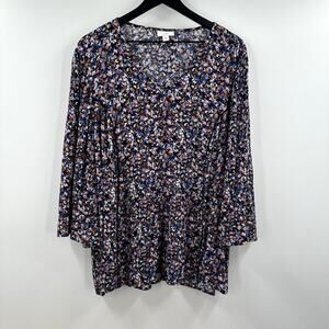 J. Jill Floral V-Neck Wide Sleeve Flow Blouse Size Extra Large